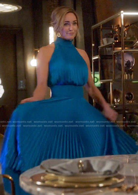 Wornontv Saras Blue Pleated Midi Dress On Legends Of Tomorrow Caity