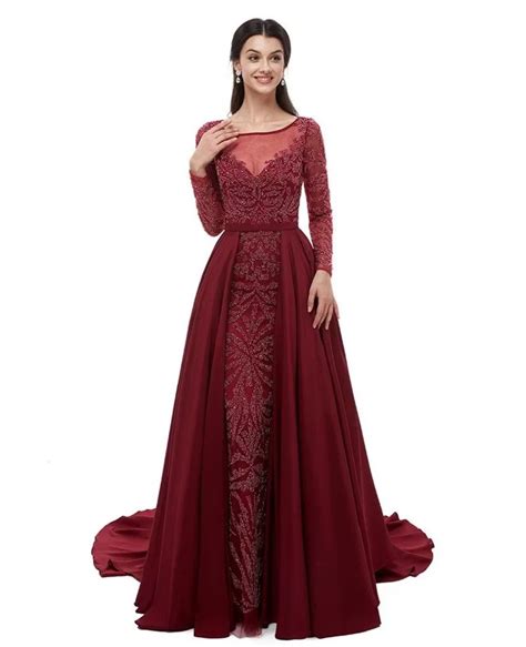 Long Sleeve Burgundy All Beading Formal Dress For Wedding C005