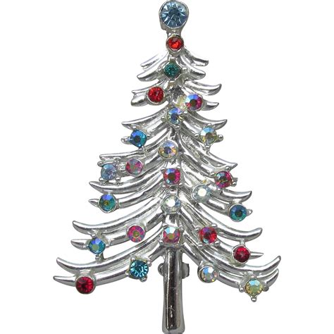 Vintage Christmas Tree Pin Signed Dodds Silver Tone Multi Color