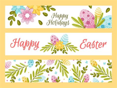 Easter Set Of Horizontal Banners With Colorful Ornate Eggs And Spring