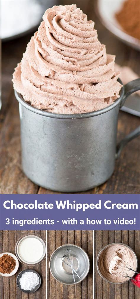 Cocoa content) 2 tablespoon pure cocoa powder (optional if you want a darker and more intense chocolate flavor) for the whipped cream. Learn how to make the easiest homemade chocolate whipped cream with only 3 ingredients ...