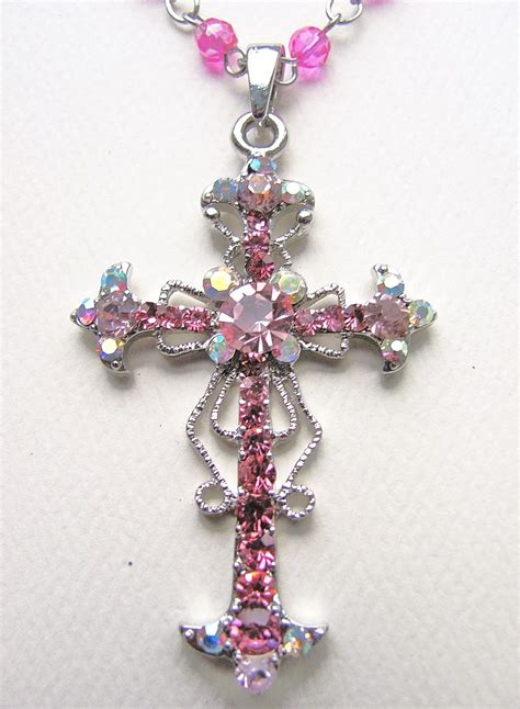 Pink Zircon Vintage Cross Pendant Necklace Filigree Style Genuine