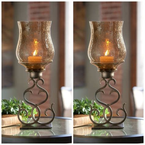 Pair Home Decor Contemporary Rustic Pillar Candle Holders Glass Globes