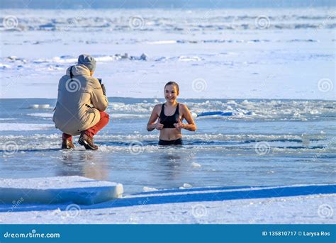 Dnipro City Ukraine Winter Sport Beautiful Girl Swims Swims In The