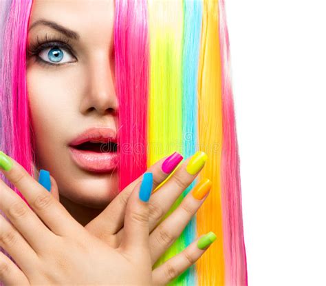 Beauty Girl With Colorful Hair And Nail Polish Stock Image