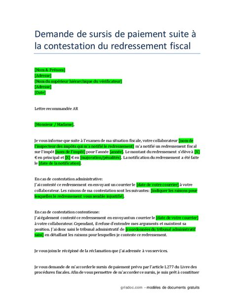 Demande de sursis de paiement suite à la contestation du redressement fiscal DOC PDF page