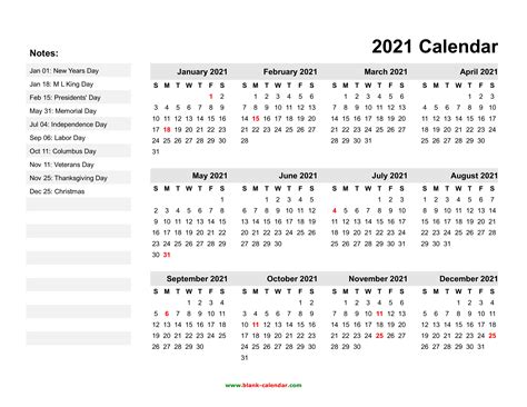 2021 Calendar Year Printable Template 2021 Calendar Usa Holidays