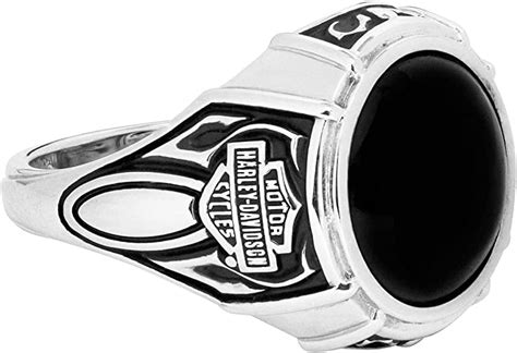 Harley Davidson Mens Sterling Silver Domed Bands Black Onyx Tribal Ring