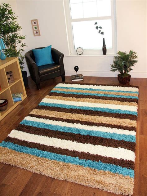 Teal Blue Chocolate Brown Cream Striped Mat Anti Shedding Large Cheap