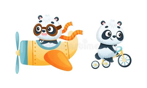Cute Baby Panda Character Riding Bicycle And Flying Plane Vector Set