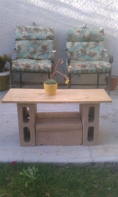 "Old School" cinder blocks and scrap wood patio table. Pacific Coast