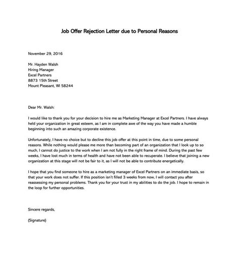 Job Offer Rejection Letter Due To Personal Reasons For Your Needs
