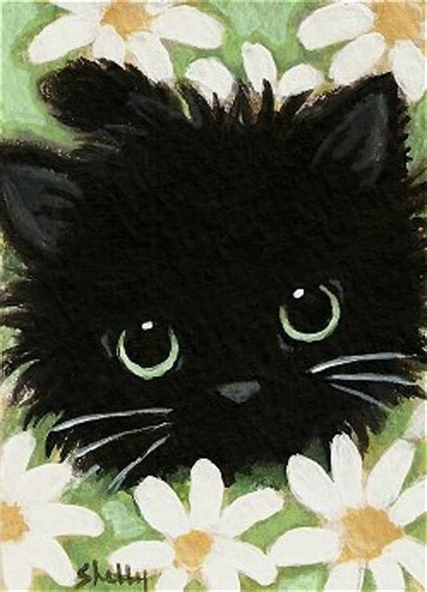 Aceo Original Painting Black Cat In Daisies Floral Art By