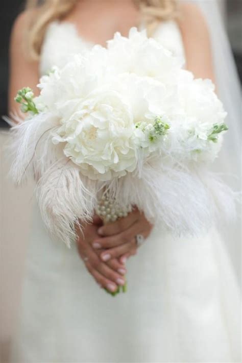 White Ostrich Feathers And Flowers Wedding Bouquet 1730443 Weddbook