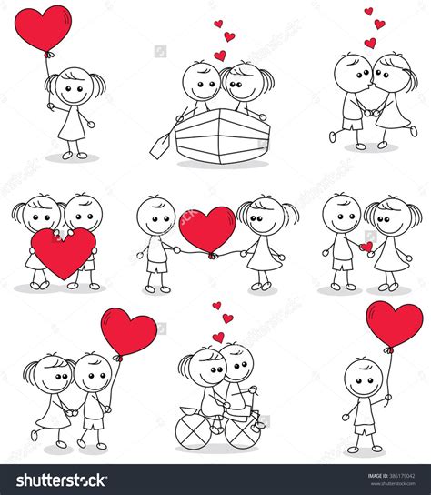 Collection Set Of Cute Couple Doodle With Hearts Doodle Drawings