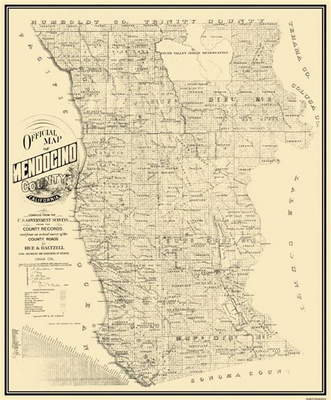 Old County Map Mendocino California Rice 1890 Mendocino County