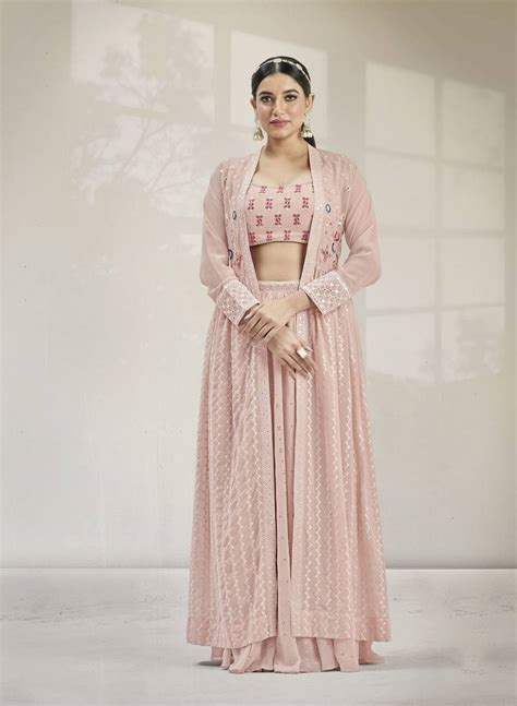 Seashell Pink Heavy Designer Sequance Embroidery Work Georgette Unstitched Crop Top And Long