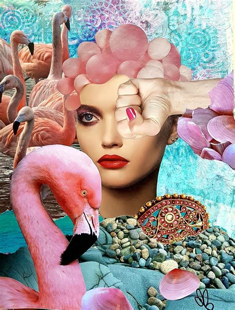 A Collage Of Flamingos And A Womans Face With Pink Flowers On Her Head