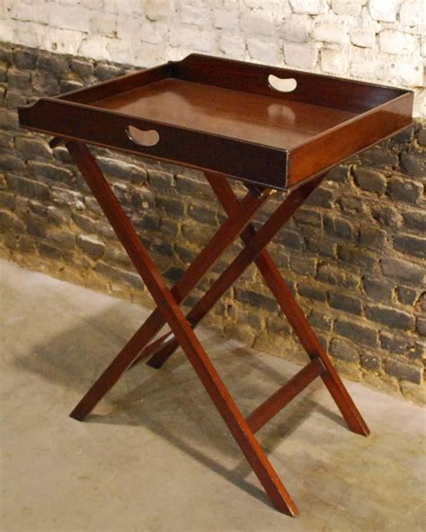 Antique English Victorian Butlers Tray Table In Mahogany On Folding