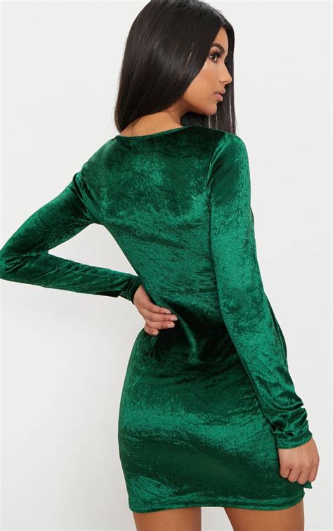 Emerald Green Long Sleeved Velvet Wrap Detail Bodycon Dress Prettylittlething Il