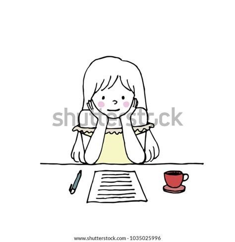 Doodle Young Woman Sitting Table Enjoy Stock Vector Royalty Free