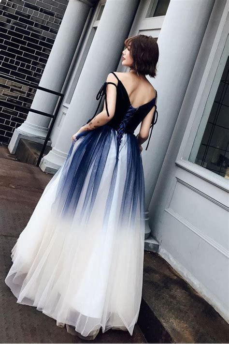 Blue Ombre Long Tulle Prom Dress Unique V Neck Sleeveless Party