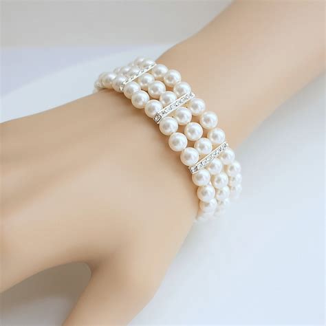 Pearl Wedding Bracelet 3 Strand Stretch Bracelet Swarovski