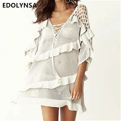 buy 2018 knitted ruffles bathing suit cover ups crochet beachwear tunic beach