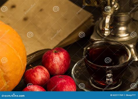 Tea Still Life With Samovar Maple Leaves On Wooden Background Stock