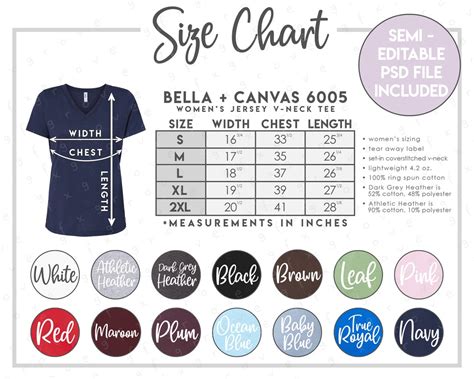 Semi Editable Bella Canvas 6005 Size Color Chart Bella Canvas Womens V Neck T Shirt Size Chart