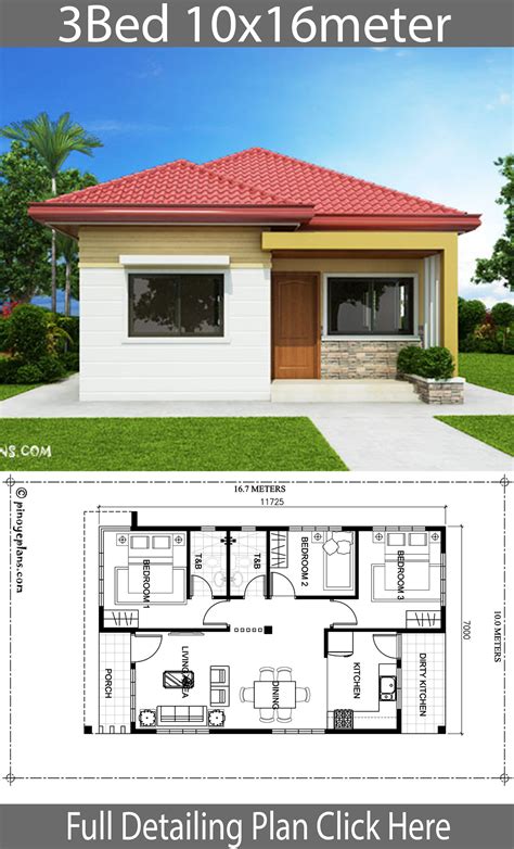 Home Design 10x16m With 3 Bedrooms House Plan Map