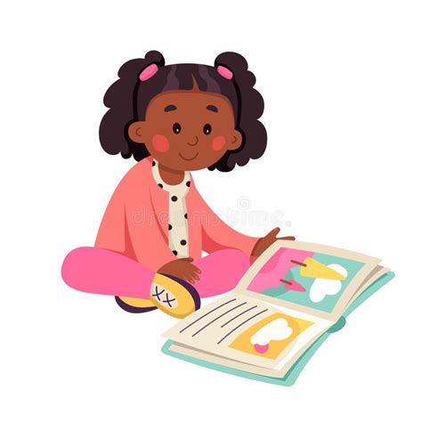 Cute Little Kid Reading Book Happy Curious Preschool Girl Character