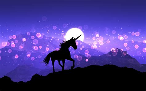 3d Fantasy Unicorn On A Mountain Landscape With Purple Sunset Sk — O
