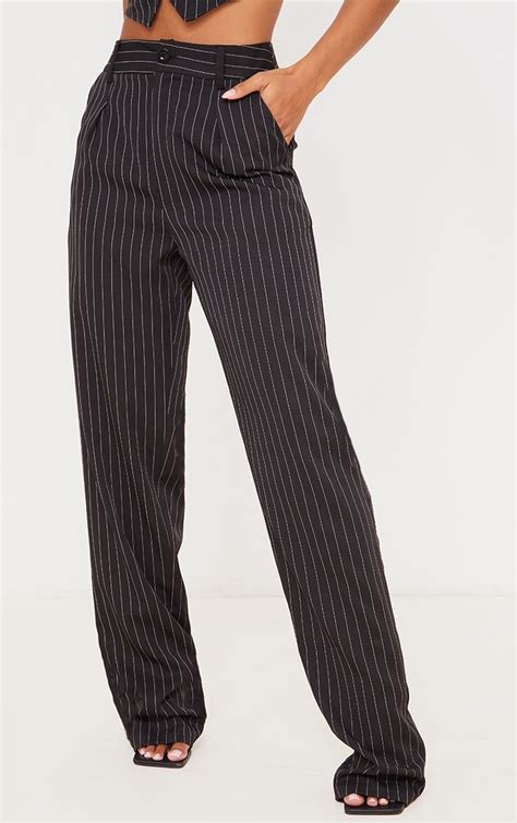 Black Pinstripe High Waist Straight Leg Trousers Prettylittlething Usa