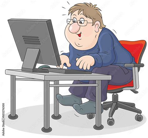 Man Sitting At His Desk In Front Of A Computer Monitor And Typing On A Keyboard Stock Vector