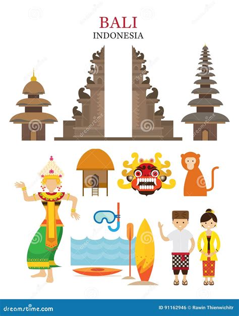 Bali Indonesia Landmarks And Culture Object Set Vector Illustration