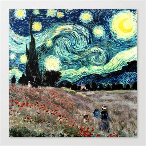 Monets Poppies With Van Goghs Starry Night Sky Canvas Print By