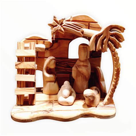 Olive Wood Nativity Set With Stable Figures Glued On Holy Land