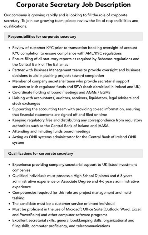 Corporate Secretary Job Description Velvet Jobs
