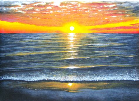 Sunset Beach Painting Acrylic Colourful Ocean Sea Sky Cloud Sunrise