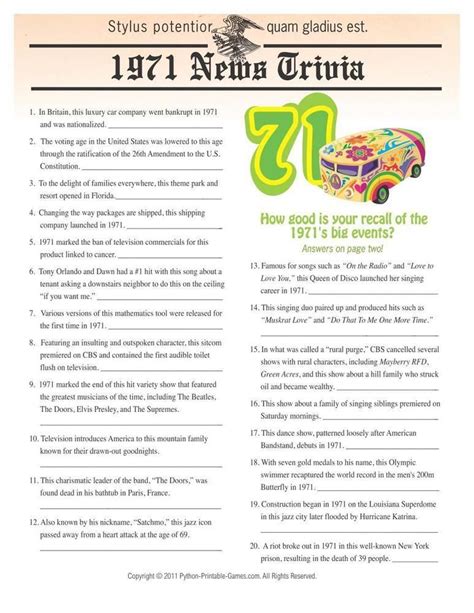 1971 Trivia Printable Printable Word Searches