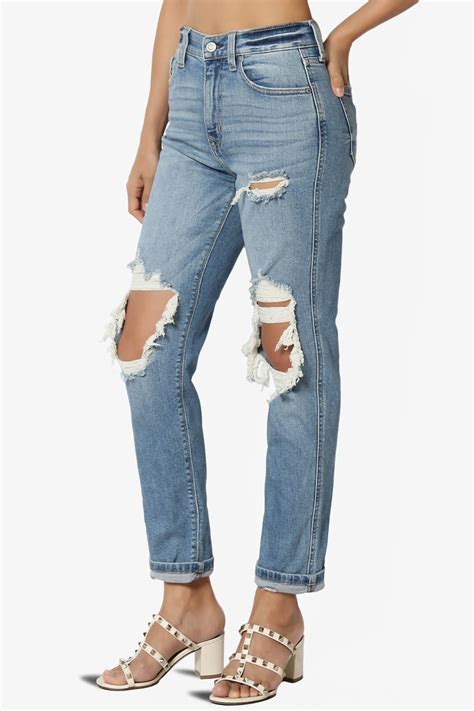 Distressed Ripped Washed Denim High Rise Relaxed Boyfriend Jeans Themogan