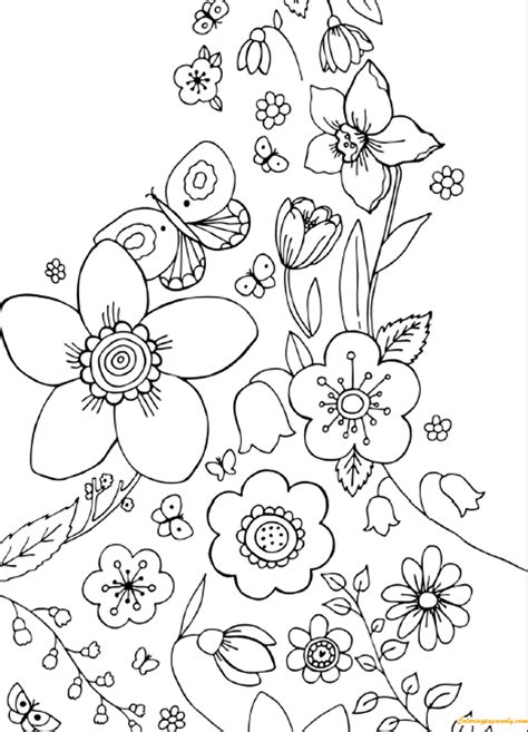 flowers  butterflies spring coloring page  coloring pages