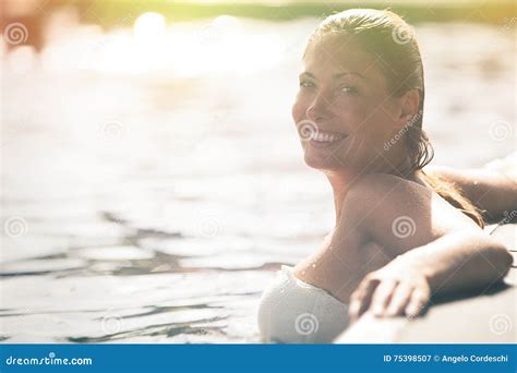 Enjoy The Summer Woman Relaxing In The Pool Water Stock Image Image