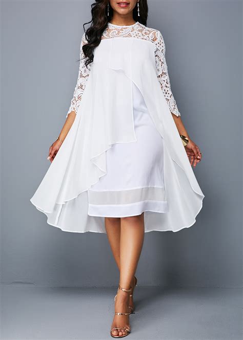 White Flyaway Round Neck Lace Patchwork Dress Usd 3877