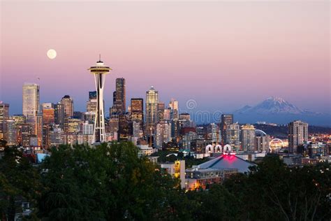 Seattle Skyline With Space Needle Tower At Dusk Editorial Stock Photo