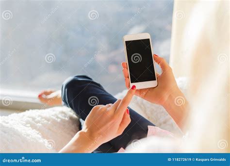 woman using mobile phone at home stock image image of holding business 118272619