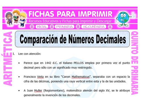 Comparacion De Numeros Decimales Para Quinto De Primaria Fichas