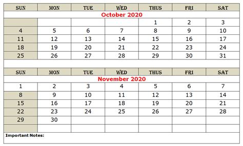 October November 2020 Calendar