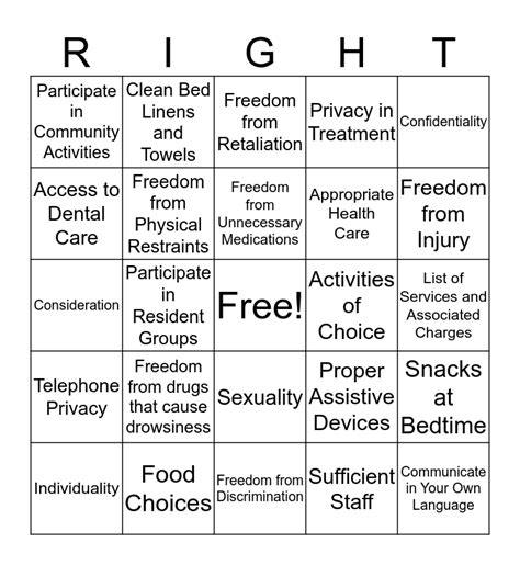Residents Rights Bingo Card